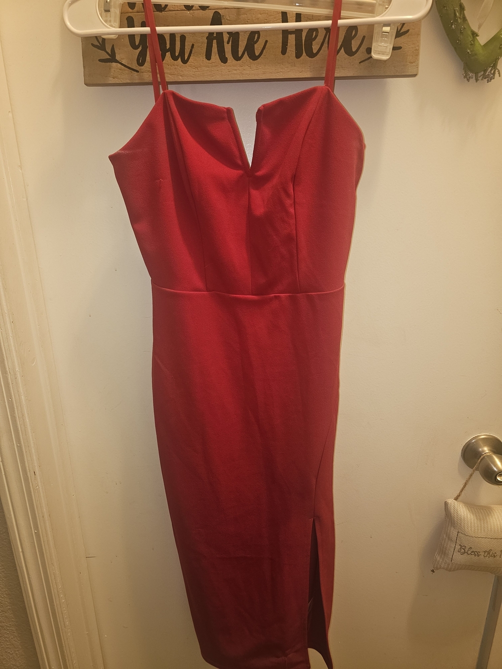Red Spaghetti-Strap Midi Dress with V-Notch Bodice